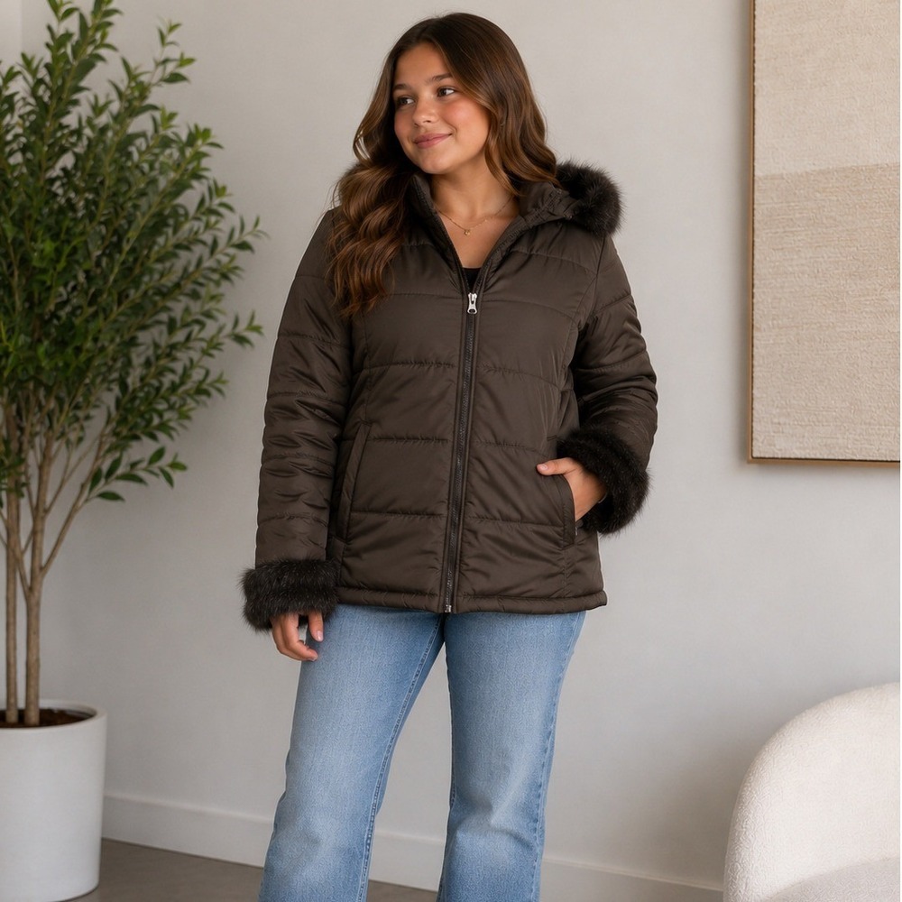 Rothschild Girls Brown Puffer Jacket Faux Fur Trim Hooded Coat XL 16